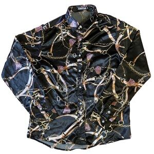 ZEROYAA Black Silky Smooth Pink Chain Design Button-down Shirt